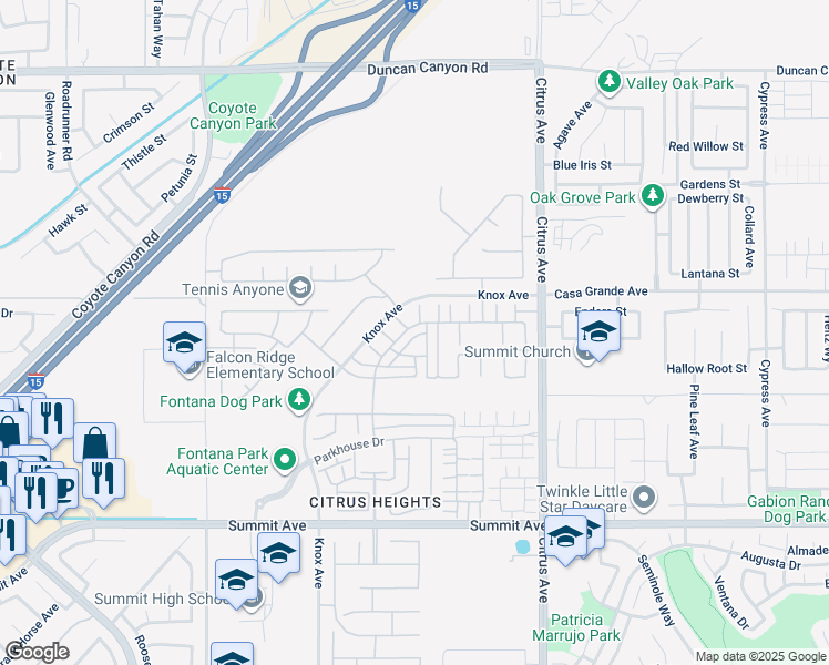map of restaurants, bars, coffee shops, grocery stores, and more near 5355 Parkside Way in Fontana