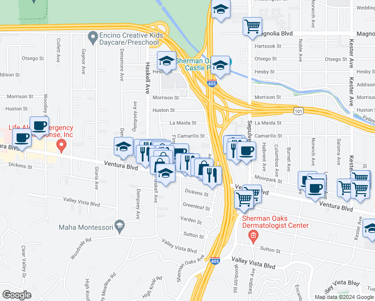 map of restaurants, bars, coffee shops, grocery stores, and more near 15456 Milbank Street in Los Angeles