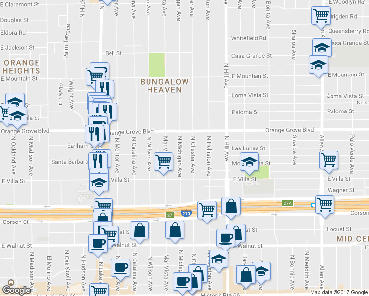 map of restaurants, bars, coffee shops, grocery stores, and more near 612 North Michigan Avenue in Pasadena