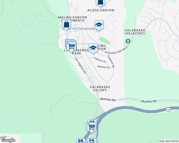map of restaurants, bars, coffee shops, grocery stores, and more near 26322 West Bravo Lane in Calabasas
