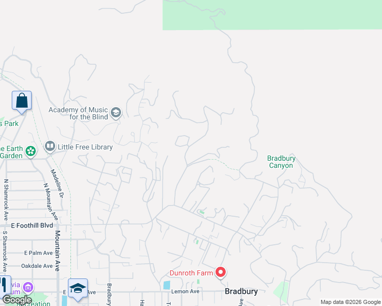 map of restaurants, bars, coffee shops, grocery stores, and more near 190 Sycamore Lane in Bradbury