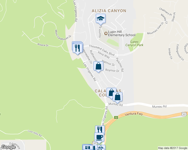 map of restaurants, bars, coffee shops, grocery stores, and more near 5460 Las Virgenes Road in Calabasas
