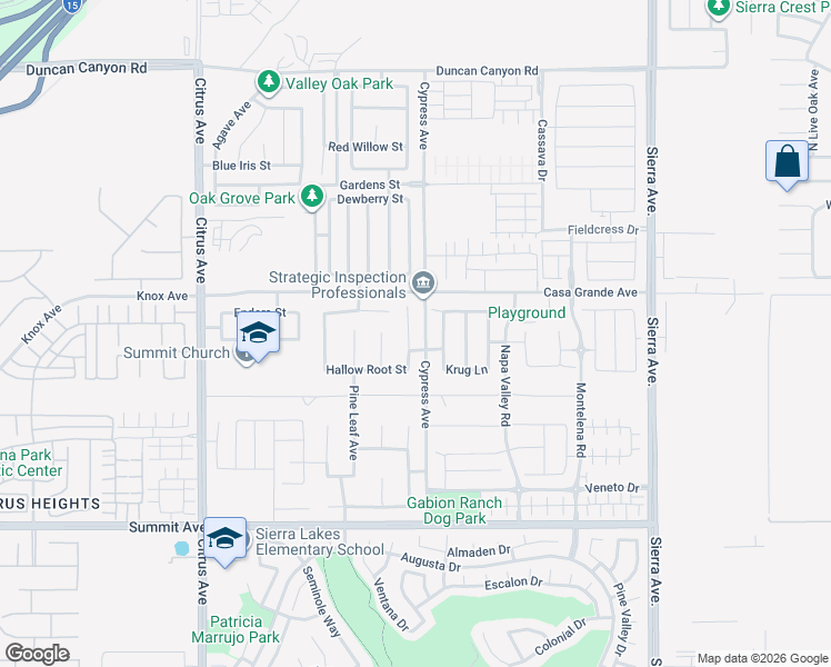map of restaurants, bars, coffee shops, grocery stores, and more near 5373 Daytime Avenue in Fontana