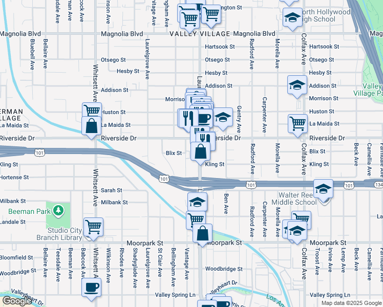 map of restaurants, bars, coffee shops, grocery stores, and more near 4724 Village Court Lane in Los Angeles