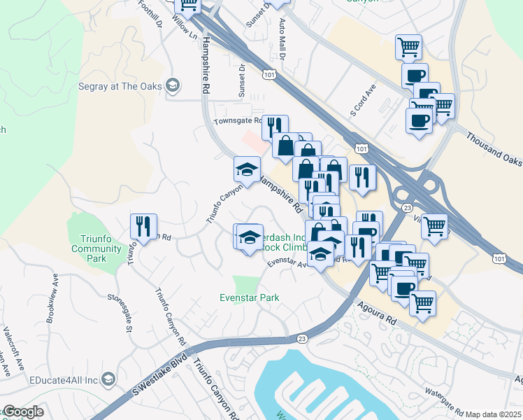 map of restaurants, bars, coffee shops, grocery stores, and more near 817 Rim Crest Drive in Westlake Village