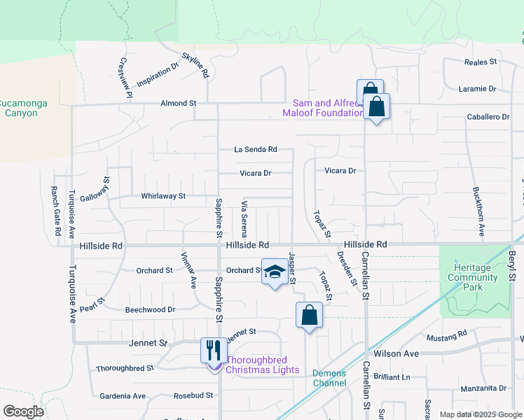 map of restaurants, bars, coffee shops, grocery stores, and more near 5406 Sard Street in Rancho Cucamonga