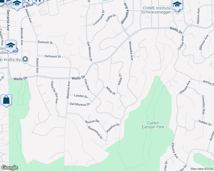 map of restaurants, bars, coffee shops, grocery stores, and more near 20193 Adele Drive in Los Angeles