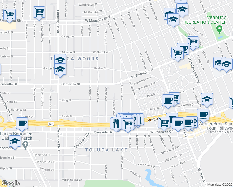 map of restaurants, bars, coffee shops, grocery stores, and more near 4724 Sancola Avenue in Los Angeles