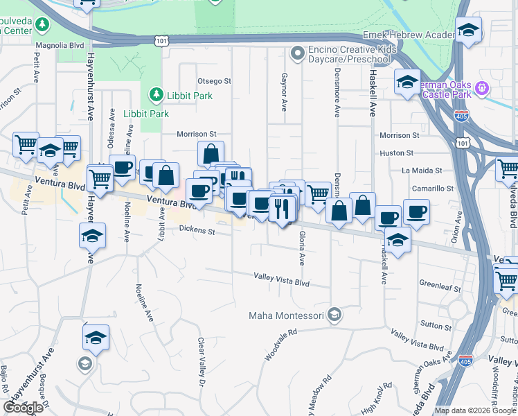 map of restaurants, bars, coffee shops, grocery stores, and more near Encino Ventura Blvd in Encino