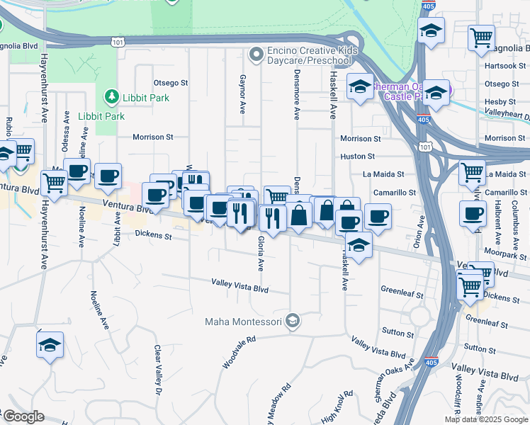 map of restaurants, bars, coffee shops, grocery stores, and more near 15854 Moorpark Street in Los Angeles