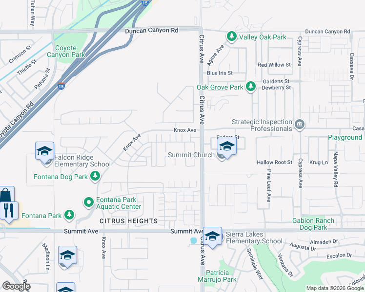 map of restaurants, bars, coffee shops, grocery stores, and more near 15977 Parkside Way in Fontana