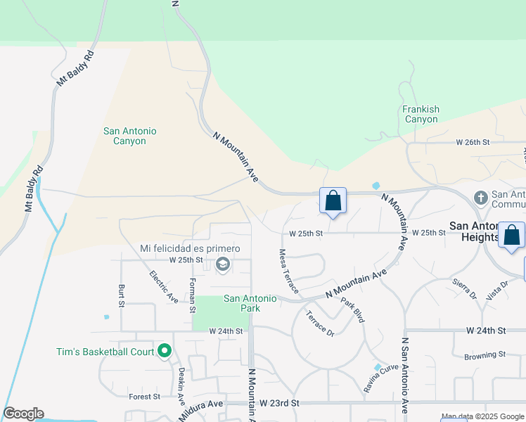 map of restaurants, bars, coffee shops, grocery stores, and more near 75 Canyon Drive in Upland