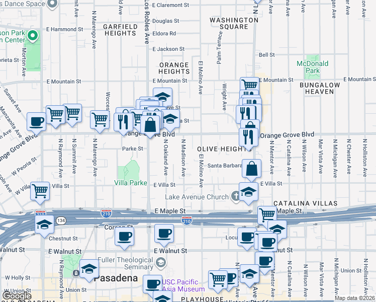map of restaurants, bars, coffee shops, grocery stores, and more near 602 North Madison Avenue in Pasadena