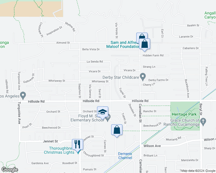 map of restaurants, bars, coffee shops, grocery stores, and more near 5404 Jasper Street in Rancho Cucamonga