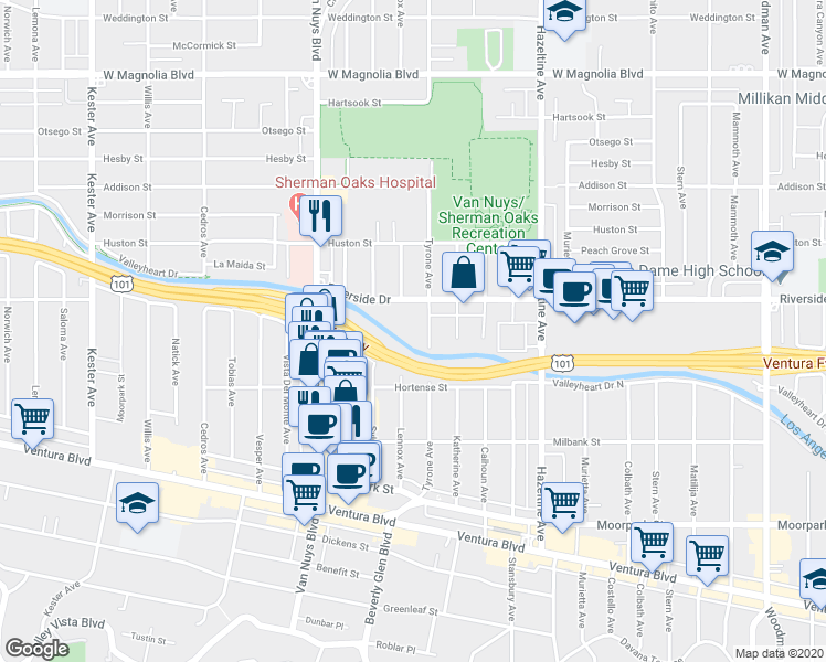 map of restaurants, bars, coffee shops, grocery stores, and more near 4719 Tyrone Avenue in Los Angeles