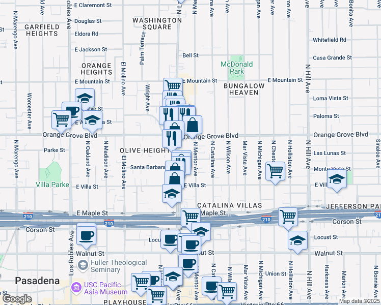 map of restaurants, bars, coffee shops, grocery stores, and more near 617 North Mentor Avenue in Pasadena