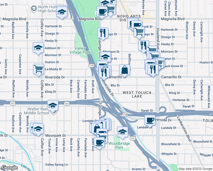 map of restaurants, bars, coffee shops, grocery stores, and more near Blix Street in Los Angeles
