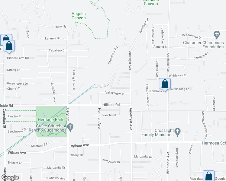 map of restaurants, bars, coffee shops, grocery stores, and more near 9388 Valley View Street in Rancho Cucamonga