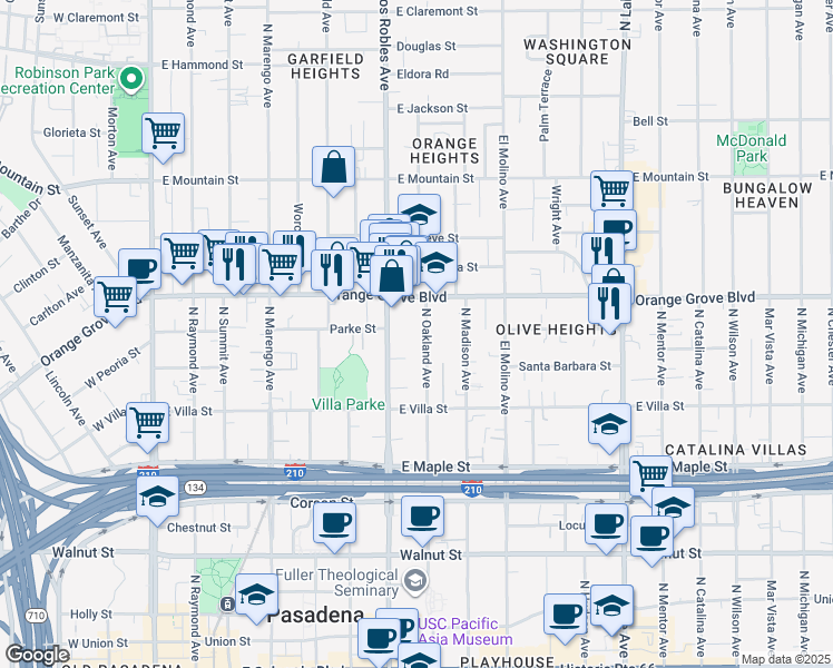 map of restaurants, bars, coffee shops, grocery stores, and more near 619 South Oakland Avenue in Pasadena