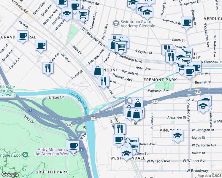 map of restaurants, bars, coffee shops, grocery stores, and more near 861 Grant Avenue in Glendale