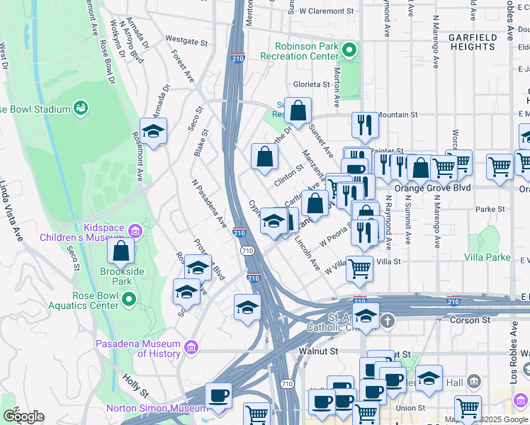 map of restaurants, bars, coffee shops, grocery stores, and more near 688 Cypress Avenue in Pasadena