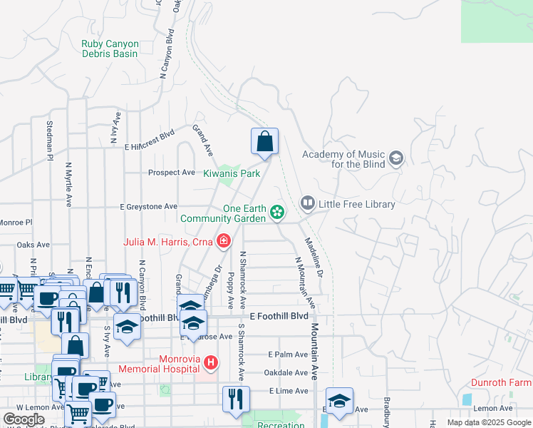 map of restaurants, bars, coffee shops, grocery stores, and more near 300 Norumbega Drive in Monrovia