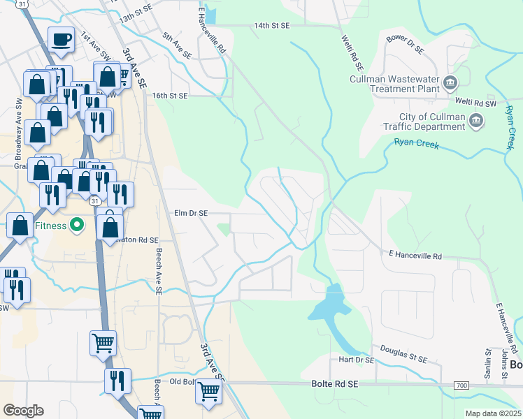 map of restaurants, bars, coffee shops, grocery stores, and more near 1423 Elm Drive Southeast in Cullman