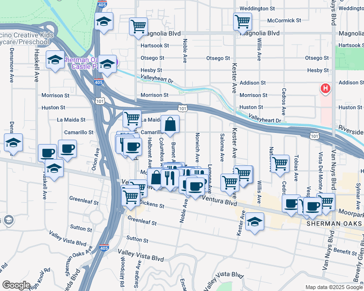map of restaurants, bars, coffee shops, grocery stores, and more near 4724 Burnet Avenue in Los Angeles