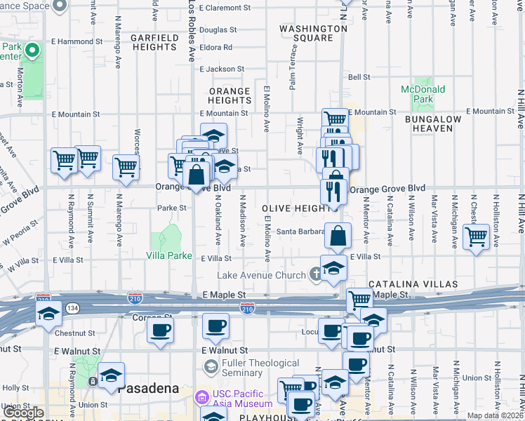 map of restaurants, bars, coffee shops, grocery stores, and more near 621 North El Molino Avenue in Pasadena