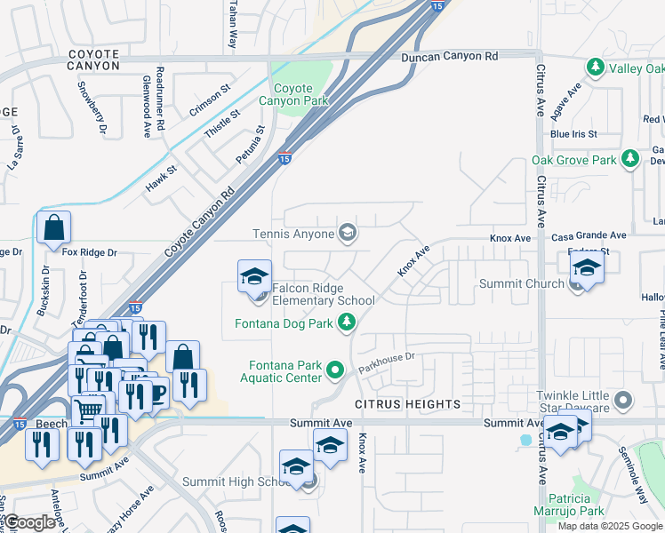 map of restaurants, bars, coffee shops, grocery stores, and more near 5359 Trento Way in Fontana