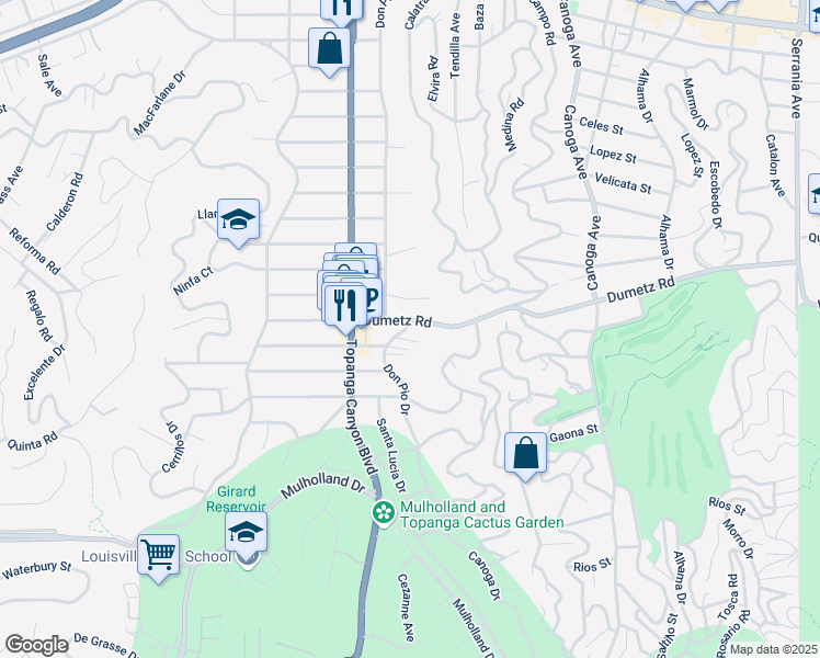 map of restaurants, bars, coffee shops, grocery stores, and more near 21830 Dumetz Road in Los Angeles