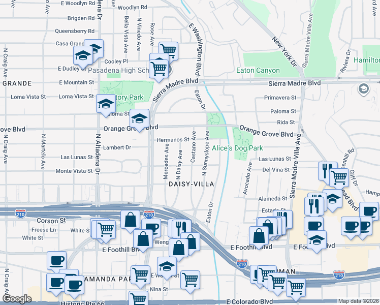 map of restaurants, bars, coffee shops, grocery stores, and more near 589 Castano Avenue in Pasadena