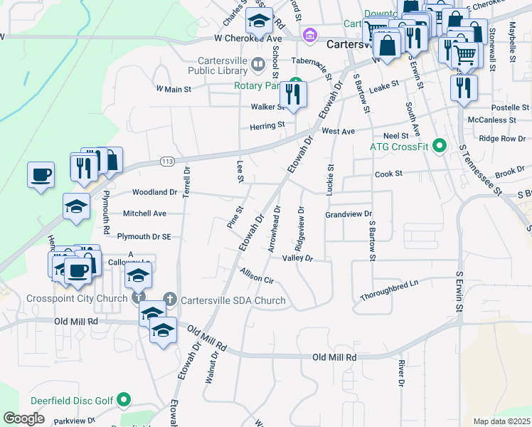 map of restaurants, bars, coffee shops, grocery stores, and more near 166 Etowah Drive in Cartersville