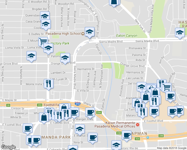 map of restaurants, bars, coffee shops, grocery stores, and more near 589 Castano Avenue in Pasadena