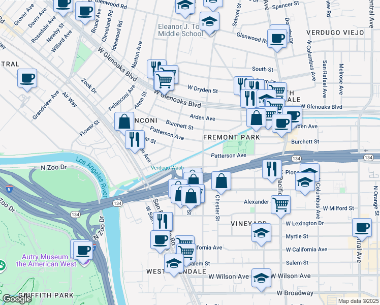 map of restaurants, bars, coffee shops, grocery stores, and more near 724 Omar Street in Glendale