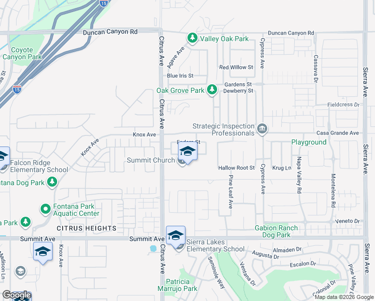 map of restaurants, bars, coffee shops, grocery stores, and more near 16200 Pamplona Street in Fontana