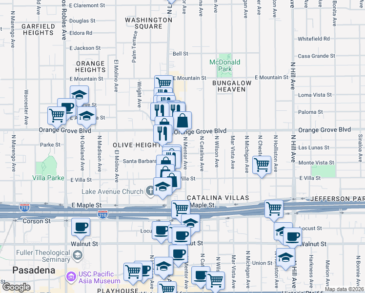 map of restaurants, bars, coffee shops, grocery stores, and more near 615 North Mentor Avenue in Pasadena