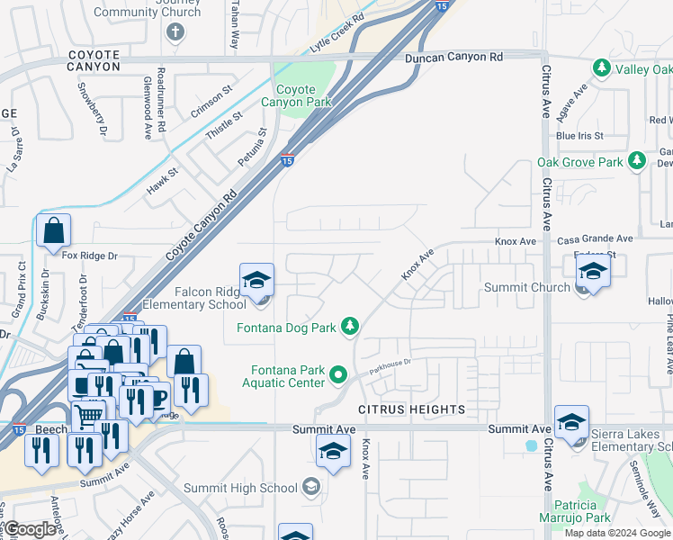 map of restaurants, bars, coffee shops, grocery stores, and more near 5359 Trento Way in Fontana
