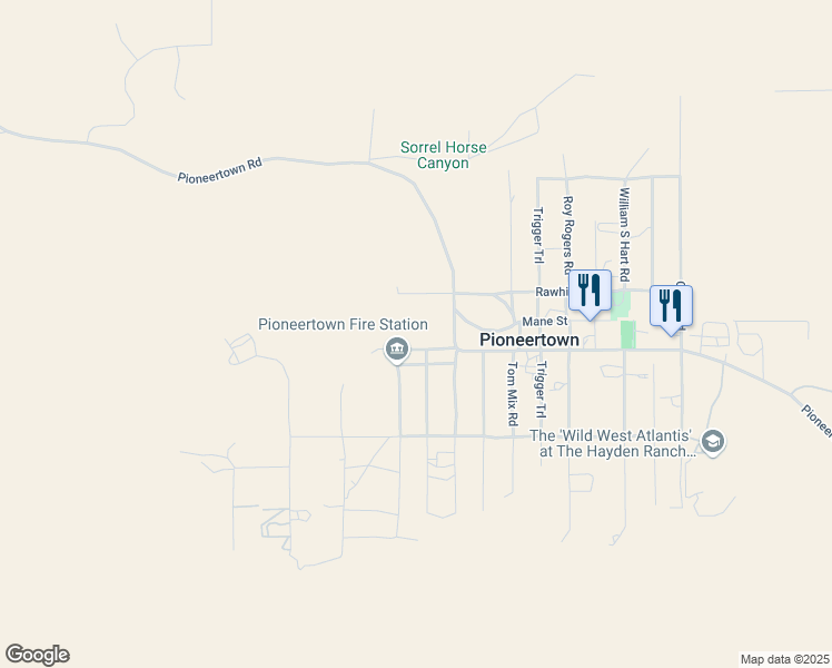 map of restaurants, bars, coffee shops, grocery stores, and more near 53232 Wyandot Road in Pioneertown