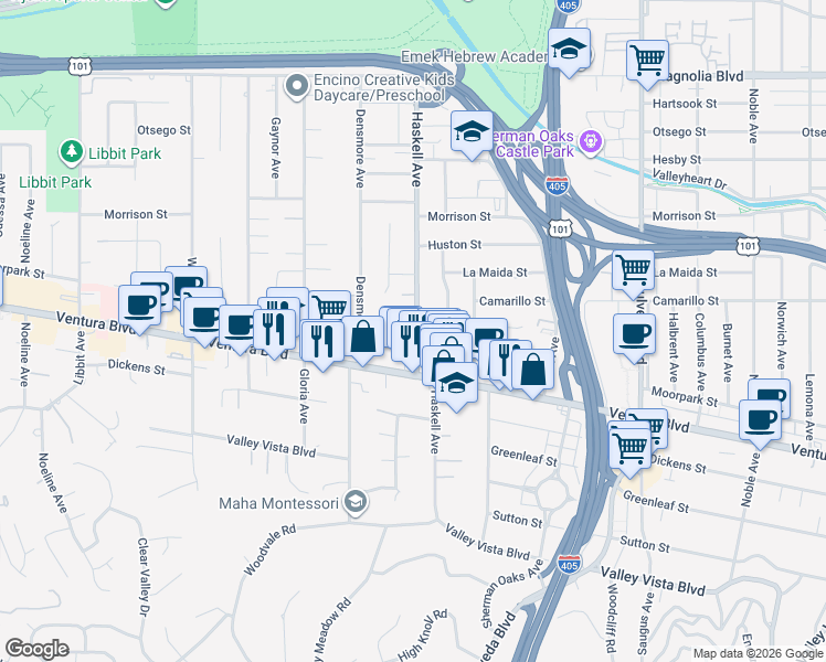 map of restaurants, bars, coffee shops, grocery stores, and more near 4751 Haskell Avenue in Los Angeles