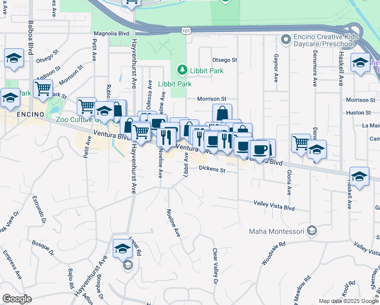 map of restaurants, bars, coffee shops, grocery stores, and more near 16304 Ventura Boulevard in Los Angeles