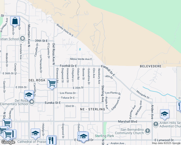 map of restaurants, bars, coffee shops, grocery stores, and more near 5353 Golondrina Drive in San Bernardino
