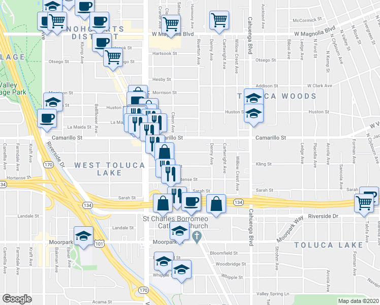 map of restaurants, bars, coffee shops, grocery stores, and more near 10818 Blix St in NORTH HOLLYWOOD