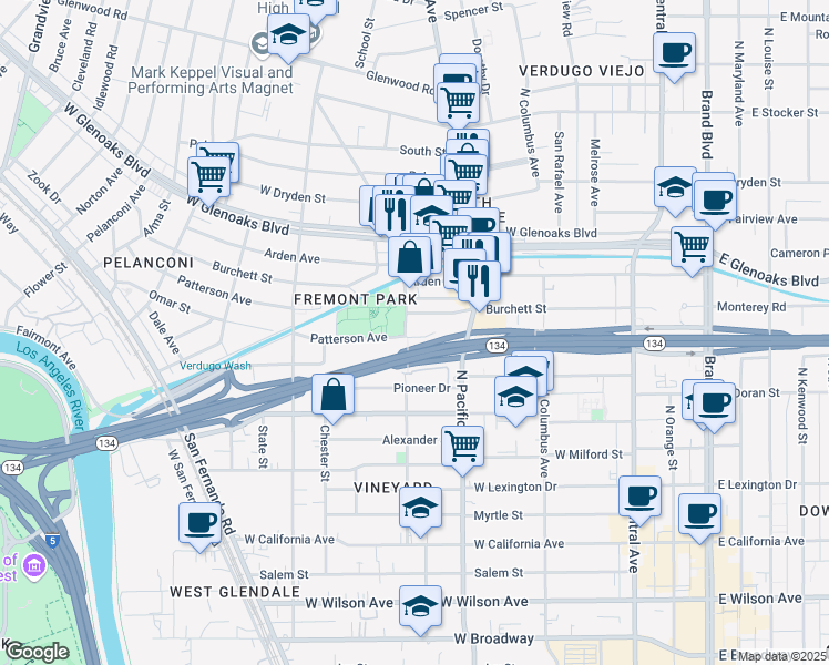 map of restaurants, bars, coffee shops, grocery stores, and more near 541 Patterson Avenue in Glendale