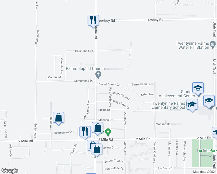 map of restaurants, bars, coffee shops, grocery stores, and more near 73787 Desert Dunes Drive in Twentynine Palms