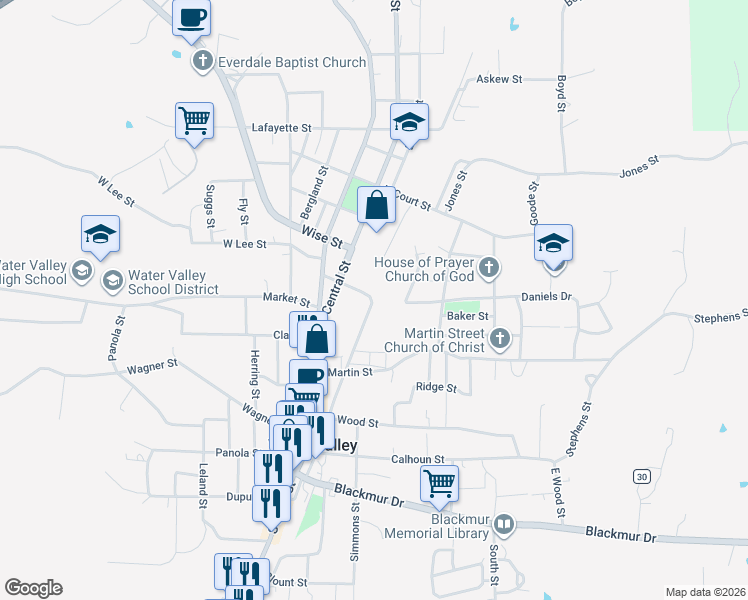 map of restaurants, bars, coffee shops, grocery stores, and more near 800 Main Street in Water Valley