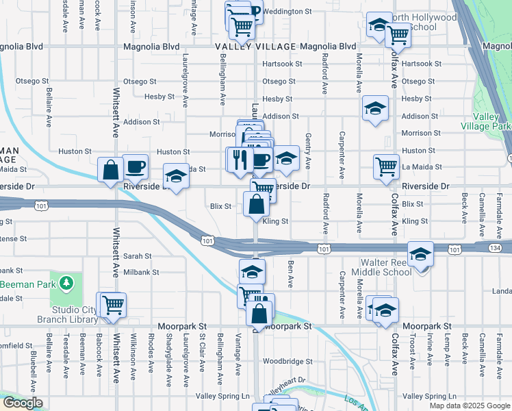 map of restaurants, bars, coffee shops, grocery stores, and more near 4740 Laurel Canyon Boulevard in Los Angeles