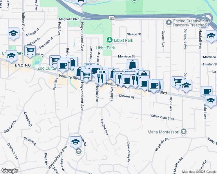 map of restaurants, bars, coffee shops, grocery stores, and more near 16300 Ventura Blvd in Encino