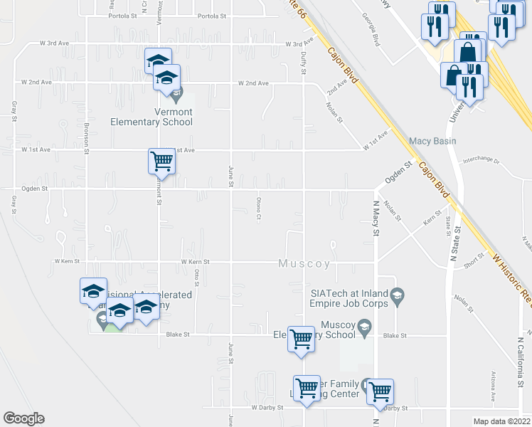 map of restaurants, bars, coffee shops, grocery stores, and more near 3333 Otono Court in Muscoy