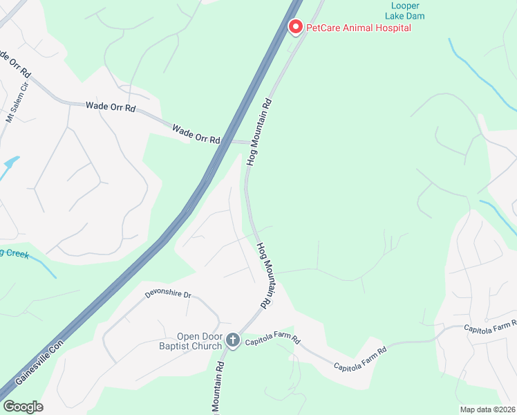 map of restaurants, bars, coffee shops, grocery stores, and more near 5361 Hog Mountain Road in Flowery Branch